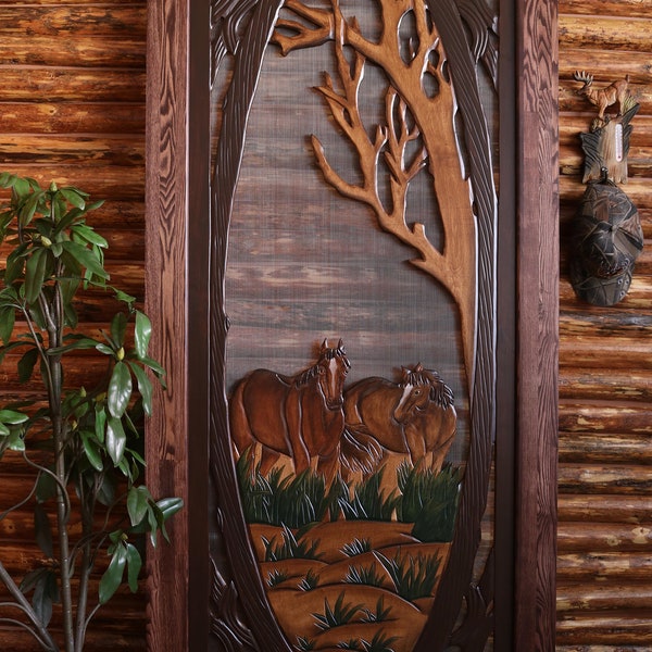 Horses Screen Door, Horses Pine Screen Door, Horses Grazing Screen Door, Horses Grazing Pine Screen Door