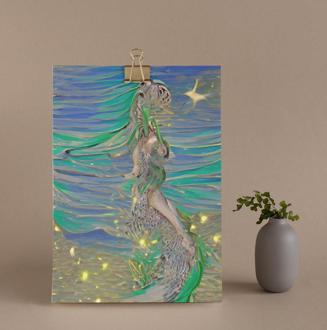 Abstract Mermaid and Waves Digital Print, Ocean-inspired Art, Nautical ...