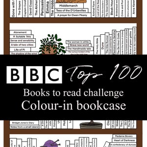 May include: A brown bookcase with a cat sleeping on top. The bookcase is filled with books, and the titles of the books are visible. The bookcase is labeled "BBC Top 100 Books to read challenge Colour-in bookcase".