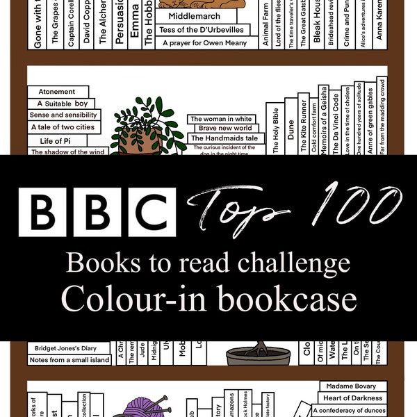 BBC top 100 books colour in bookcase A3 DIGITAL DOWNLOAD