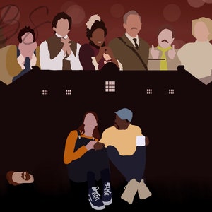 May include: A group of people stand in front of a dark building with windows. Two people sit in front of the building, one wearing a yellow shirt and a blue hat, the other wearing a blue jumpsuit and orange shirt.