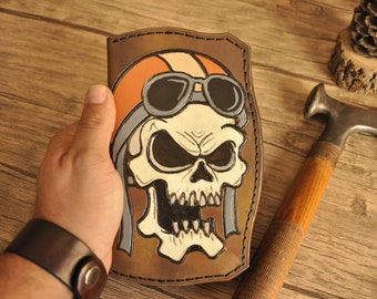 Handmade Biker Skull Crazyhorse Leather Wallet, Embossed Zipper Design