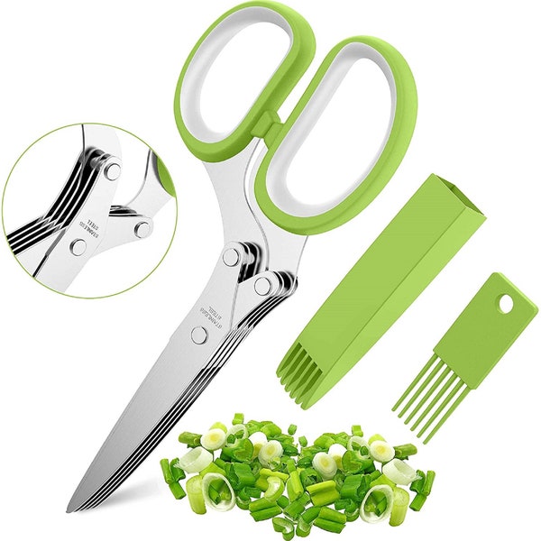 Brytex Herb Scissors Stainless Steel - Multipurpose Cutter Cilantro Kitchen Herb Shear with 5 Blades  Cover & Cleaning Comb -Cut Fresh Herbs