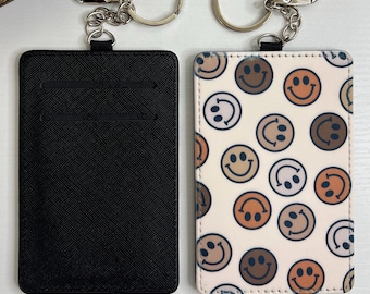 Happy Faces Keychain Card Wallet, Faux Leather ID Holder