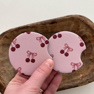 cherries and bows car coasters, set of 2 car coasters, foam car coaster, car accessories, cute car cup accessories, pink