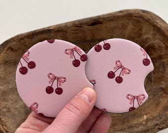 cherries and bows car coasters, set of 2 car coasters, foam car coaster, car accessories, cute car cup accessories, pink