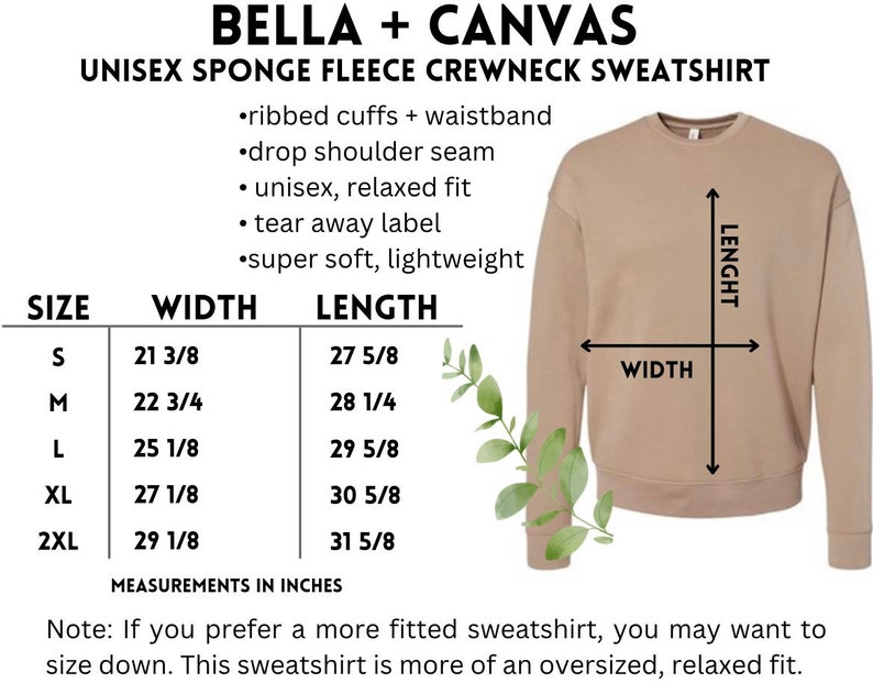 Puede incluir: Tabla de tallas para una sudadera con cuello redondo de felpa de esponja unisex. La tabla muestra las medidas de ancho y largo en pulgadas para las tallas S, M, L, XL y 2XL. El texto en la tabla dice "pu&ntilde;os acanalados + cintura", "costura de hombro ca&iacute;da", "unisex, ajuste relajado", "etiqueta desprendible", "s&uacute;per suave, ligero", y "Medidas en pulgadas".