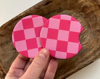 pink retro checkered car coasters, set of 2 car coasters, foam car coaster, car accessories, cute car cup accessories, checker coasters