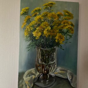 Achillea Filipendula Small Yellow Flowers Art Flowers Golden Flowers Original Art PaintingY ellow Wall Decor image 5