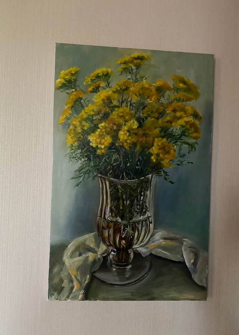 Achillea Filipendula Small Yellow Flowers Art Flowers Golden Flowers Original Art PaintingY ellow Wall Decor image 5