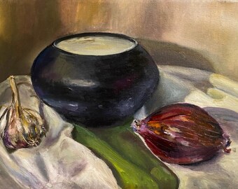 Pot with Vegetables  Garlic and Onion  Summer Vegetables  Red Onion  Still Life for the Kitchen