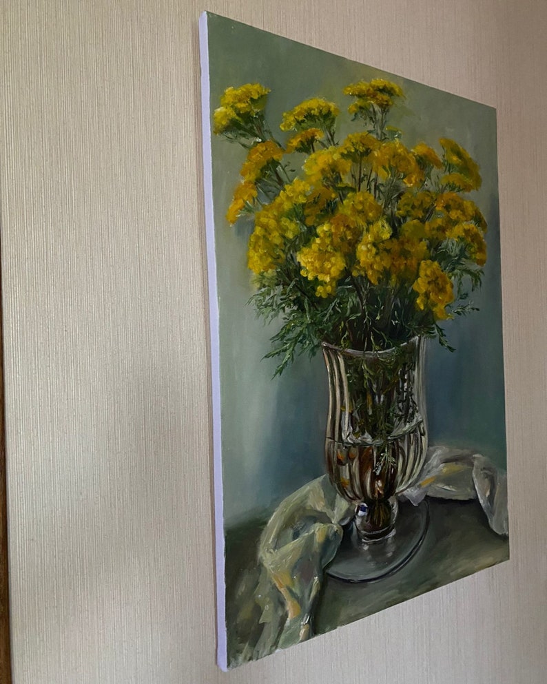 Achillea Filipendula Small Yellow Flowers Art Flowers Golden Flowers Original Art PaintingY ellow Wall Decor image 4