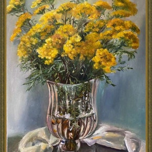 Achillea Filipendula Small Yellow Flowers Art Flowers Golden Flowers Original Art PaintingY ellow Wall Decor image 2