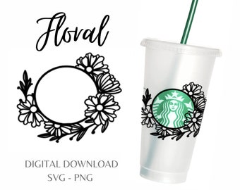 Op de afbeelding: Een zwart-wit bloemenontwerp met een cirkel in het midden. Het ontwerp is op een doorzichtige plastic beker met een groene deksel en een rietje. De tekst "Floral" staat boven het ontwerp en de tekst "DIGITAL DOWNLOAD SVG - PNG" staat onder het ontwerp.