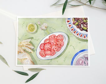May include: A watercolor painting of a still life featuring a plate of sliced tomatoes, a plate of olives, a plate of red onions, a loaf of bread, a small jar of dressing, and a clove of garlic. The items are arranged on a green tablecloth with a vine pattern.