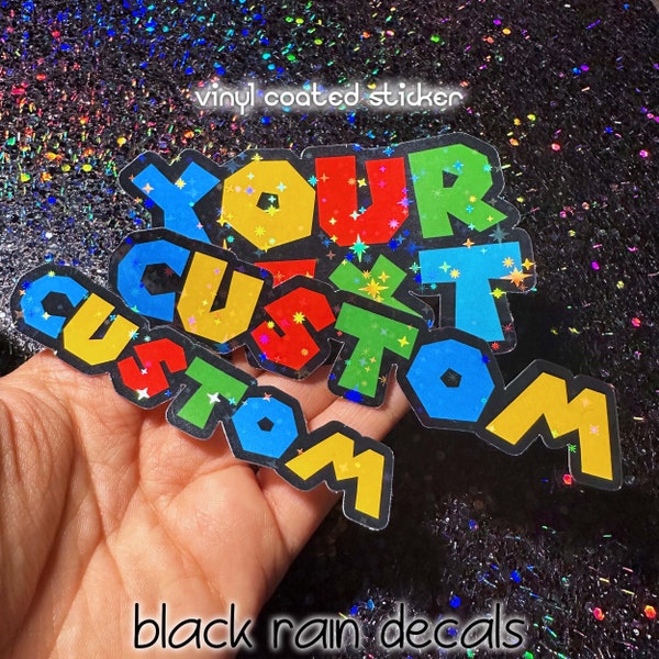 Custom Mario Name Sticker - Mario Kart Decal - Personalized Name Mario Sticker Holographic - Super Mario Vinyl Coated Sticker