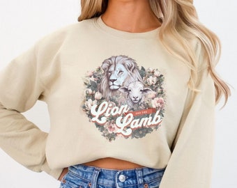 Christian Jesus Lion Lamb Sweatshirt For Christian Gifts Wife Catholic Shirt Faith Gifts Inspirational Shirts Cottagecore Religious Apparel