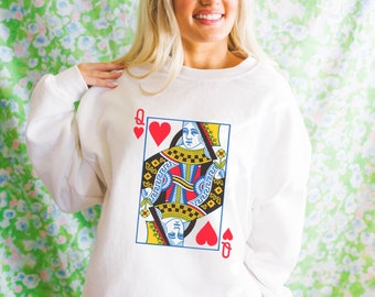 Queen of Hearts Red Crewneck Sweatshirt. Cute Queen Crown Heart Cards Comfy Graphic Tee Aesthetic Classic Sweatshirt