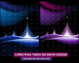 Choinki na śniegu, Kartka świąteczna, Clipart, Pobieranie cyfrowe, Wektor, JPG, Wykorzystanie komercyjne, Sztuka ścienna, Oryginalny projekt, Tło