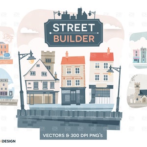 Street Builder, Images clipart de petite ville, Façades de magasins, Conception graphique, Mix Match, Bâtiments mignons, Téléchargement numérique, Utilisation commerciale, PNG, Vector