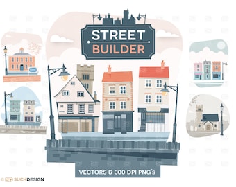Street Builder, Clip Art Małego Miasta, Fronty Sklepów, Projekt Graficzny, Mix Match, Urocze Budynki, Pobieranie Cyfrowe, Wykorzystanie Komercyjne, PNG, Wektor