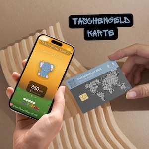 May include: A smartphone displaying a yellow app interface with an elephant graphic and the text TASCHENGELD KONTO, alongside a grey payment card featuring a world map, a chip, and the text TASCHENGELD KARTE with the name Emelie Müller.