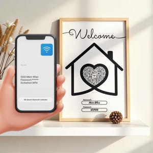 WLAN QR Code Bild – Welcome Haus mit Herz personalisiert | Wifi NFC Option Gäste