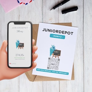 Aandelen-ETF-cadeauverpakking | Gepersonaliseerde geldcadeau | QrCode-cadeaubon | Terug naar school | Schooltasmotief