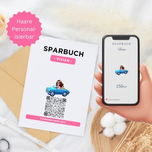 Gepersonaliseerde geldcadeau | Rijbewijssubsidie | Digitaal spaarboekje | QrCode-cadeaubon | Converteerbaar meisje roze