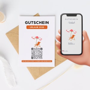 Personalisierte Gutscheinkarte | Geldgeschenk | QrCode Postkarte DIN A6 inkl. Briefumschlag und Anhänger | Motiv Urlaub