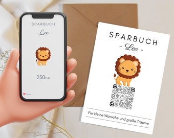 Personalisiertes Geldgeschenk | Virtuelles Sparbuch | QrCode Geschenkkarte | Digitale Spardose | Motiv Löwe