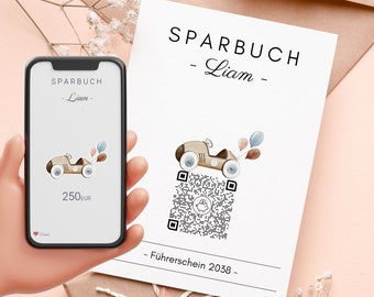 Personalisiertes Geldgeschenk | Virtuelles Sparbuch | QrCode Geschenkkarte | Taufe Geburt Erster Geburtstag | Auto Führerschein