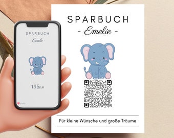 Digitales Sparbuch | Personalisiertes Geldgeschenk | QrCode Geschenkkarte | Elefant