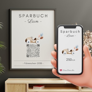 Geldgeschenk voor een geboorte – Spaarfoto van een auto met QR-code en NFC-optie | Gepersonaliseerd rijbewijs
