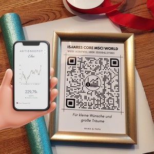 Könnte beinhalten: Ein goldfarbener Bilderrahmen mit weißem Hintergrund und einem schwarz-weißen QR-Code. Oben im Bild steht der Text "ISHARES CORE MSCI WORLD". Unter dem QR-Code steht der Text "Für kleine Wünsche und große Träume" und "MAMA & PAPA".