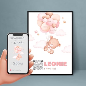 Baby Geldgeschenk | Digitales Sparkonto | Personalisiertes QrCode Bild | Motiv Geburt Rosa