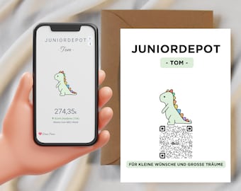 Aktie Etf Geschenkverpackung | Personalisiertes Geldgeschenk | QrCode Geschenkkarte | Geburtstag Schulanfang  | Motiv Dino
