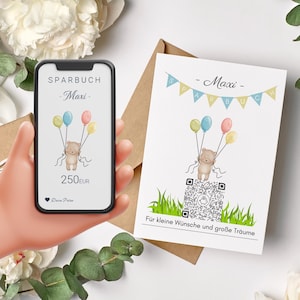 Digitales Sparbuch | Personalisiertes Geldgeschenk | QrCode Geschenkkarte | Geburt Taufe Geburtstag | Motiv Teddy