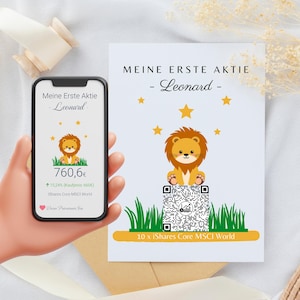 contant geschenk | Mijn eerste aandeel | Gepersonaliseerde QR-code cadeaubon | leeuwmotief