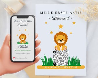 Geldgeschenk | Meine Erste Aktie | Personalisierte QrCode Geschenkkarte | Motiv Löwe