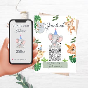Geld cadeau voor kinderverjaardag | Gepersonaliseerde digitale spaarpot | QrCode Cadeaubon | Feest Olifant