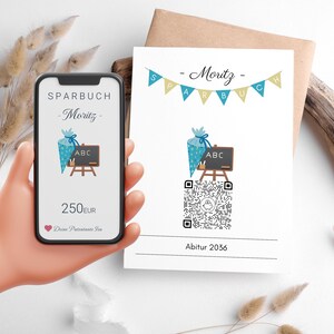 Geldcadeau voor terug naar school | Digitaal spaarboekje | QrCode Cadeaubon | schoolinschrijving start school | Eerste klas | school kegelmotief