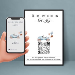 Führerschein Zuschuss | Geldgeschenk | Personalisiertes Virtuelles Sparbuch | QrCode Bild | Motiv Führerschein Blau