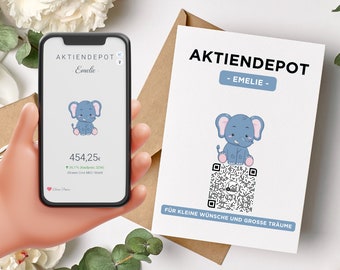 Aktie Etf Geschenkverpackung | Persönliches Geldgeschenk | QrCode Geschenkkarte | Motiv Elefant