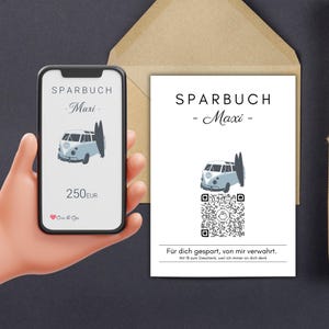 Personalisiertes Geldgeschenk | Virtuelles Sparbuch | QrCode Geschenkkarte | Führerschein Auto | Bulli Blau