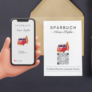 Sparplan Führerschein | Personalisiertes Geldgeschenk | QrCode Sparbuch Geschenkkarte | Motiv Bulli