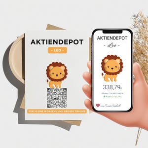 Geldgeschenk Firmung Junge – Aktien Geschenkkarte Löwe mit QR-Code | ETF Aktie personalisiert