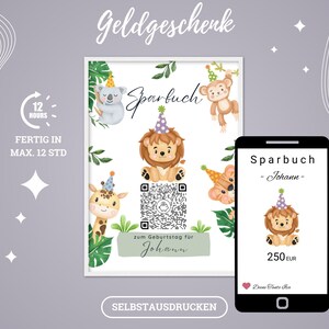 Download een spaarboekje met jungledieren als PNG-bestand | QR-code voor leeuw en olifant