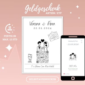 Pode incluir: Um modelo de certificado de presente imprimível para um presente de ações ou ETF. O modelo apresenta uma ilustração em preto e branco de uma noiva e um noivo com um código QR e o texto "Verena & Finn 22.01.2024" e "5x iShares Core MSCI World". O texto "Geldgeschenk Aktien/ETF" está no topo do modelo.