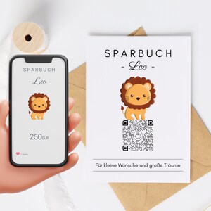 Personalisiertes Geldgeschenk | Virtuelles Sparbuch | QrCode Geschenkkarte | Digitale Spardose | Motiv Löwe